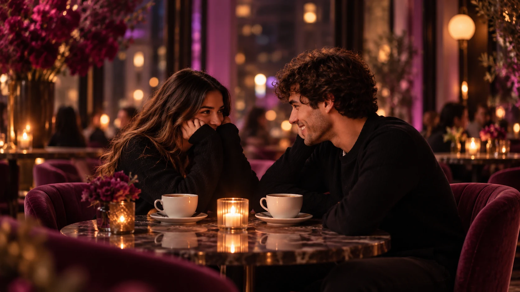 Two people sharing coffee and smiling at each other